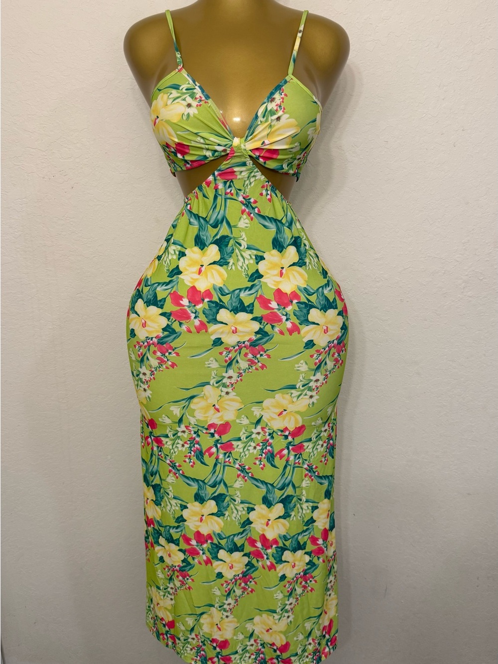 SHEIN Lime Green Floral Twist Cutout Midi Dress
